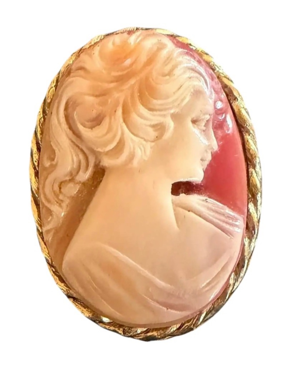 Vintage Carved Shell and Pink and Cream Cameo Brooch